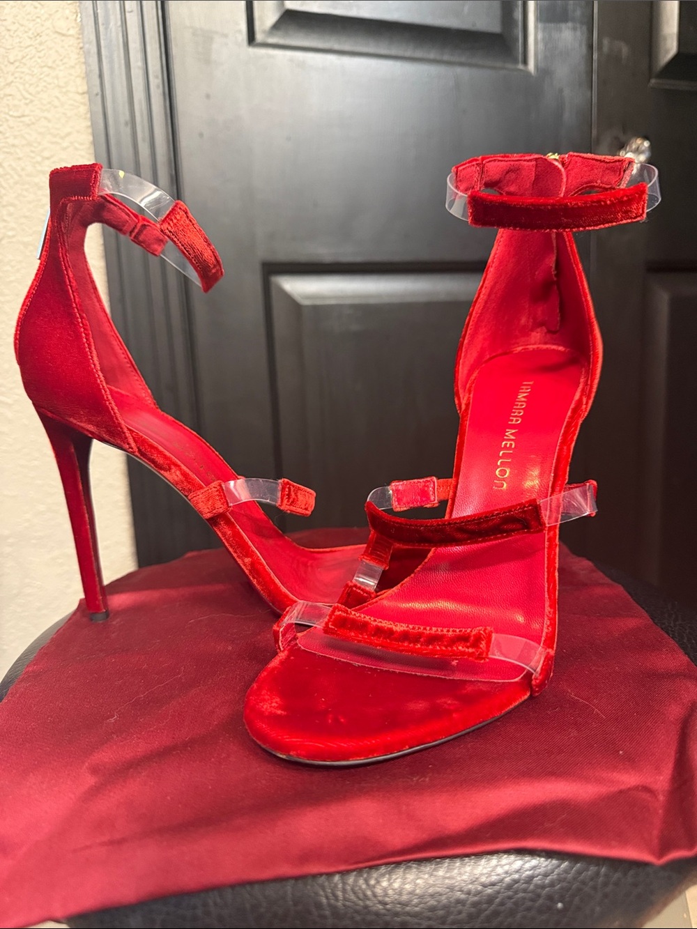 Tamara Mellon Frontline 105 Red Velvet Strappy Stiletto Heels